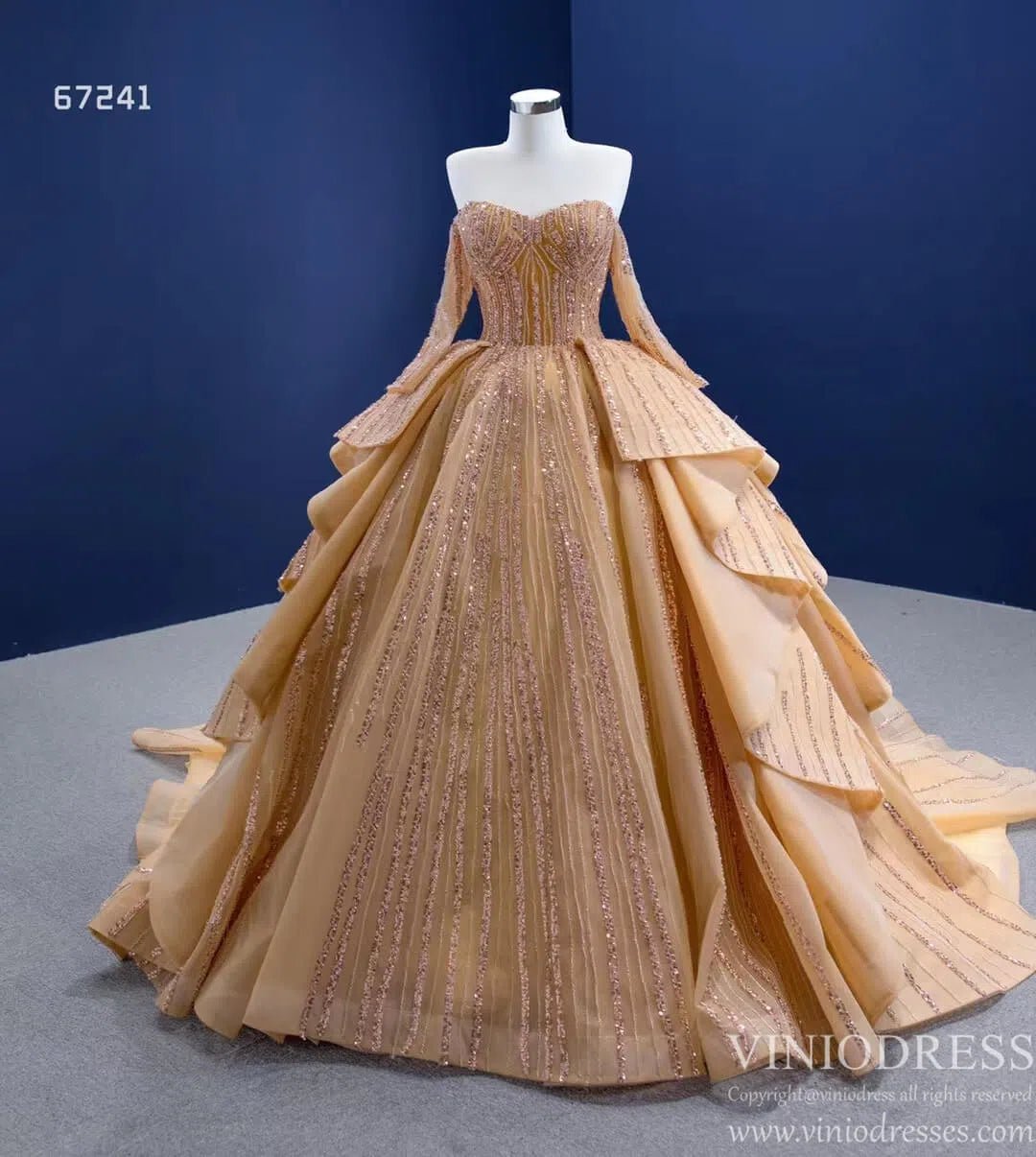 Beaded Gold Ball Gown Wedding Dresses Off the Shoulder Sweet 16 Dress 67241-wedding dresses 2025 -Viniodress-Gold-Custom Size-