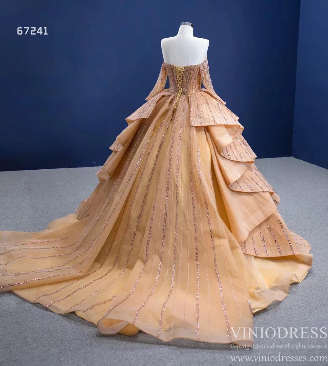 Beaded Gold Ball Gown Wedding Dresses Off the Shoulder Sweet 16 Dress 67241-wedding dresses 2025 -Viniodress-Gold-Custom Size-