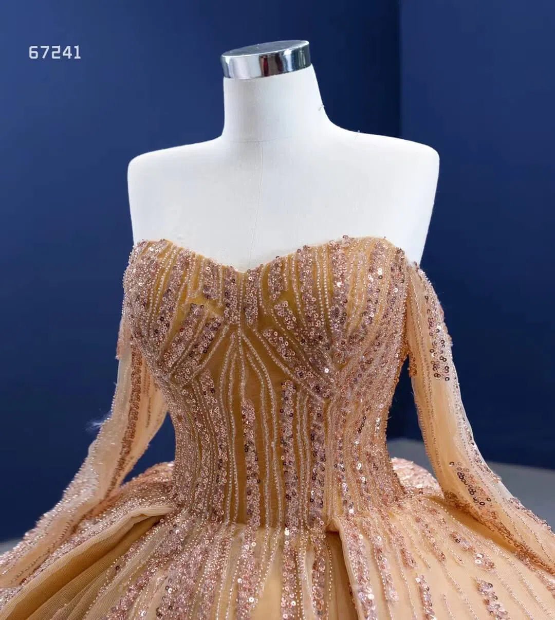 Beaded Gold Ball Gown Wedding Dresses Off the Shoulder Sweet 16 Dress 67241-wedding dresses 2025 -Viniodress-Gold-Custom Size-