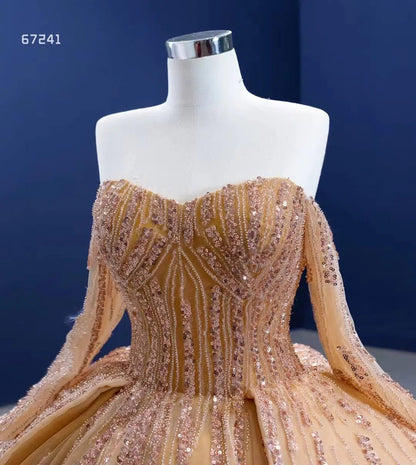 Beaded Gold Ball Gown Wedding Dresses Off the Shoulder Sweet 16 Dress 67241-wedding dresses 2025 -Viniodress-Gold-Custom Size-