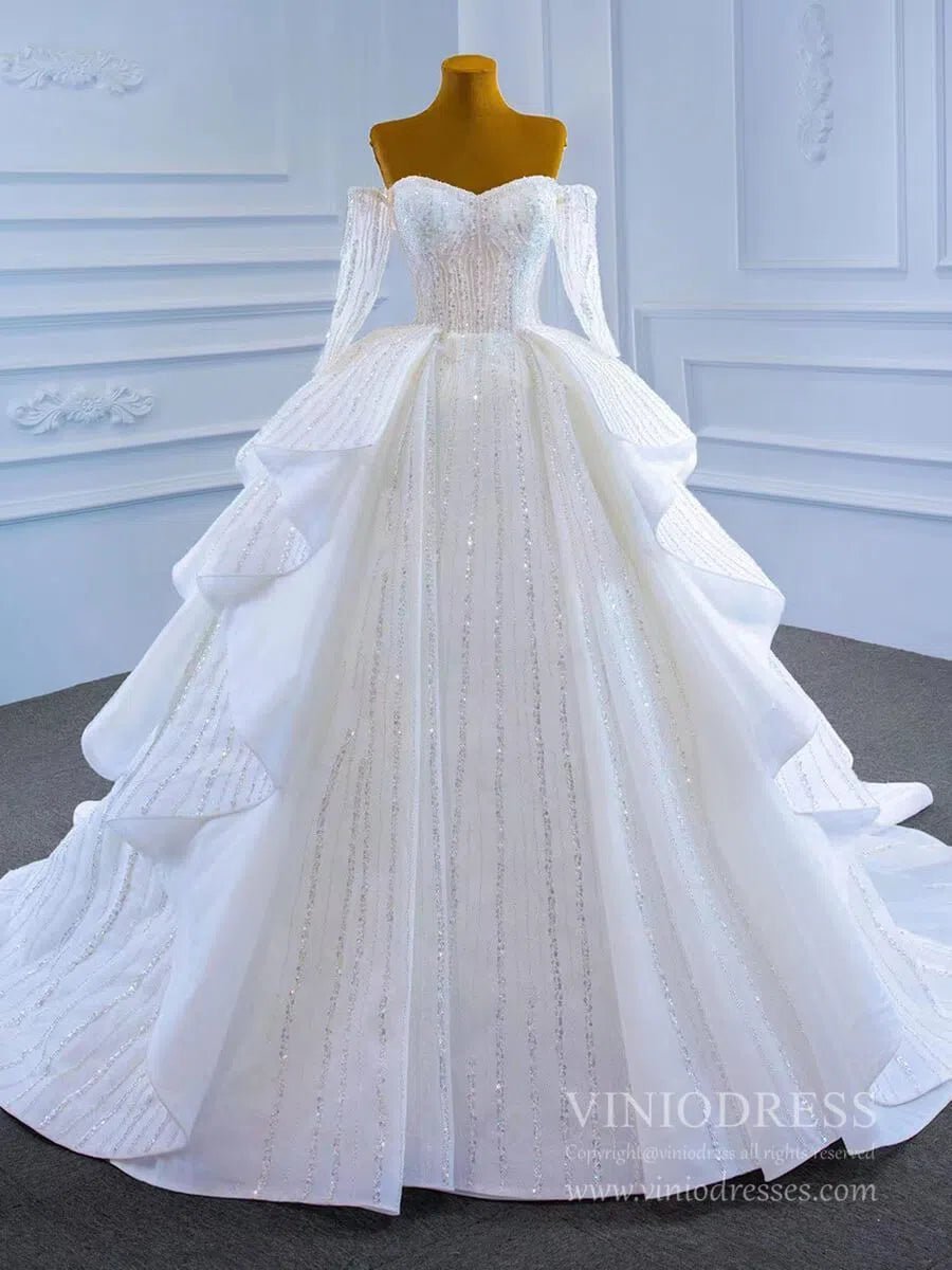 Beaded Gold Ball Gown Wedding Dresses Off the Shoulder Sweet 16 Dress 67241-wedding dresses 2025 -Viniodress-Gold-Custom Size-