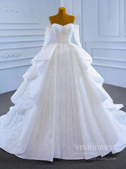 Beaded Gold Ball Gown Wedding Dresses Off the Shoulder Sweet 16 Dress 67241-wedding dresses 2025 -Viniodress-Gold-Custom Size-