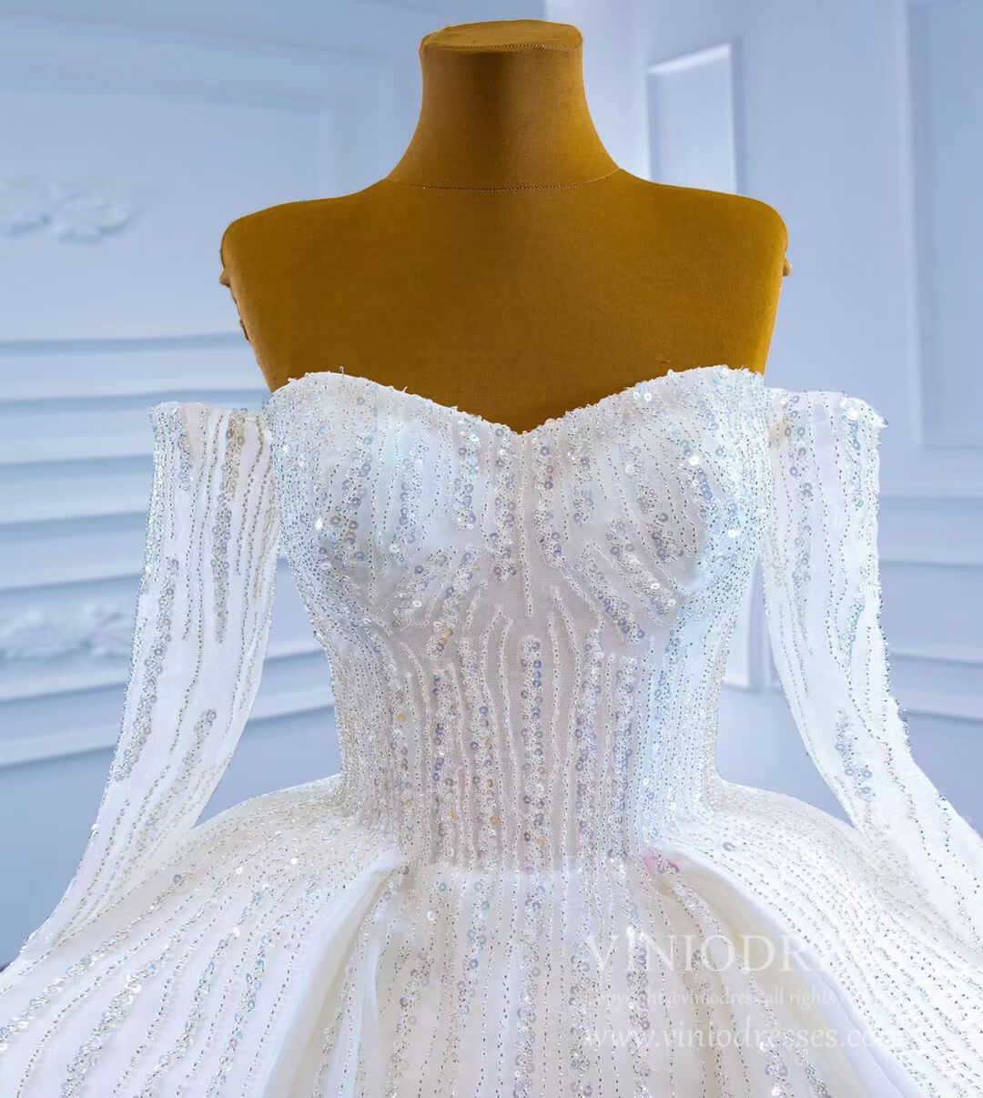 Prom Dress 2025 Beaded Gold Ball Gown Wedding Dresses Off the Shoulder Sweet 16 Dress 67241-unique wedding dresses-Gold-Custom Size-Viniodress