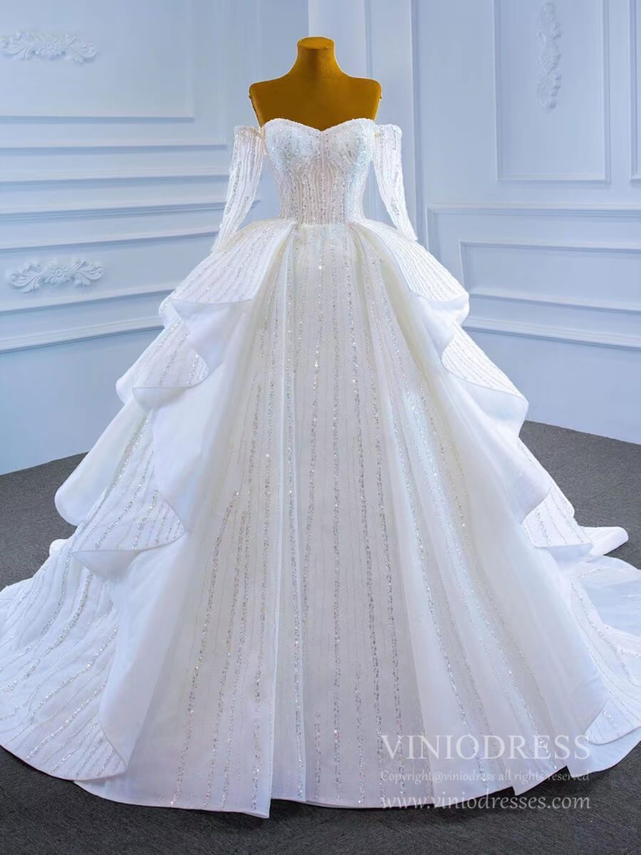 Prom Dress 2025 Beaded Gold Ball Gown Wedding Dresses Off the Shoulder Sweet 16 Dress 67241-unique wedding dresses-Gold-Custom Size-Viniodress