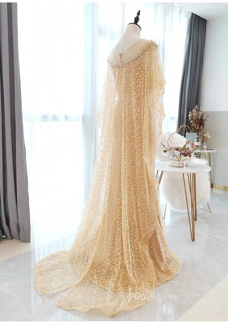 Beaded Gold Cape Prom Dresses Sparkly Lace Formal Dress FD2826-Evening Dresses 2025 -Viniodress-Gold-US 2-