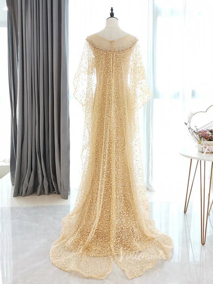 Beaded Gold Cape Prom Dresses Sparkly Lace Formal Dress FD2826-Evening Dresses 2025 -Viniodress-Gold-US 2-