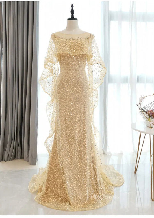 Beaded Gold Cape Prom Dresses Sparkly Lace Formal Dress FD2826-Evening Dresses 2025 -Viniodress-Gold-US 2-