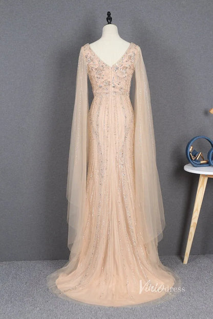 Beaded Gold Cape Sleeve Prom Dresses with Slit Sheath Evening Dress FD2780-Evening Dresses 2025 -Viniodress-Gold-US 2-