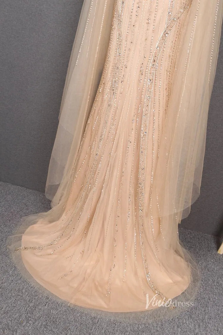 Beaded Gold Cape Sleeve Prom Dresses with Slit Sheath Evening Dress FD2780-Evening Dresses 2025 -Viniodress-Gold-US 2-