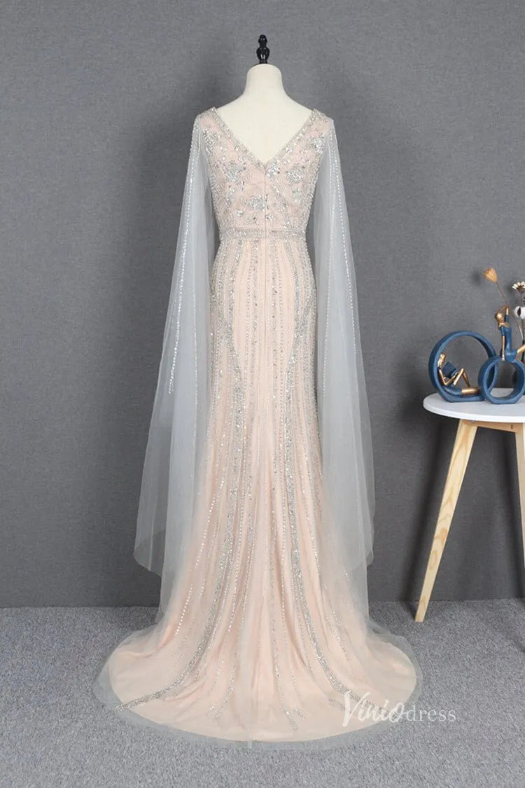 Beaded Gold Cape Sleeve Prom Dresses with Slit Sheath Evening Dress FD2780-Evening Dresses 2025 -Viniodress-Gold-US 2-