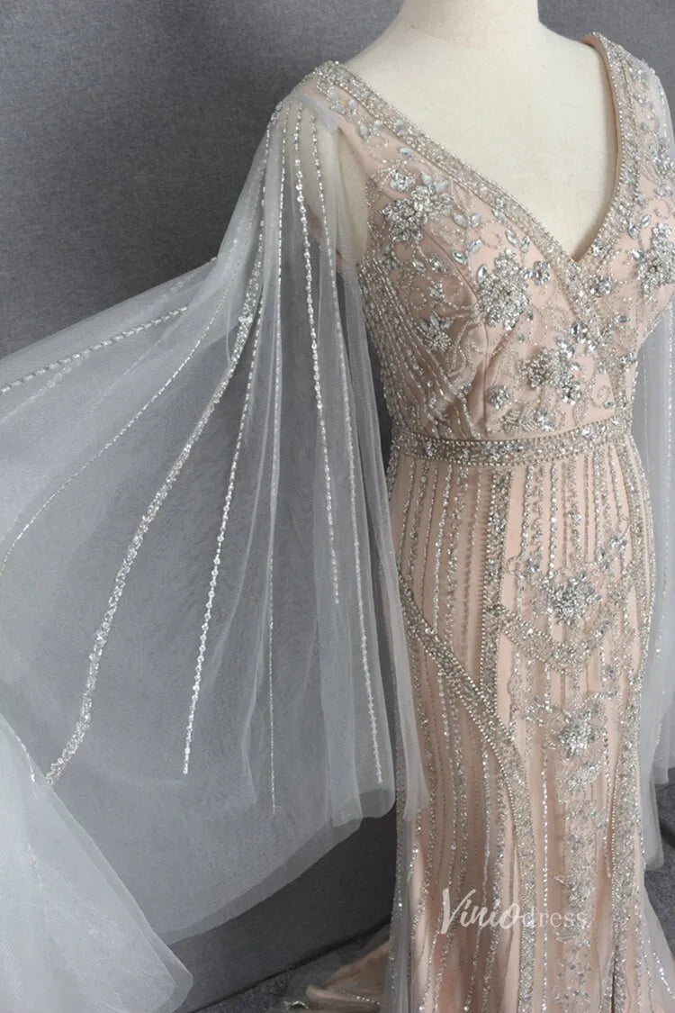 Beaded Gold Cape Sleeve Prom Dresses with Slit Sheath Evening Dress FD2780-Evening Dresses 2025 -Viniodress-Gold-US 2-