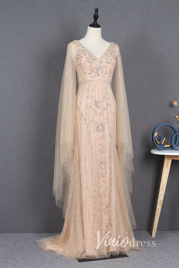 Prom Dress 2025 Beaded Gold Cape Sleeve Prom Dresses with Slit Sheath Evening Dress FD2780-unique prom dresses-Gold-US 2-Viniodress