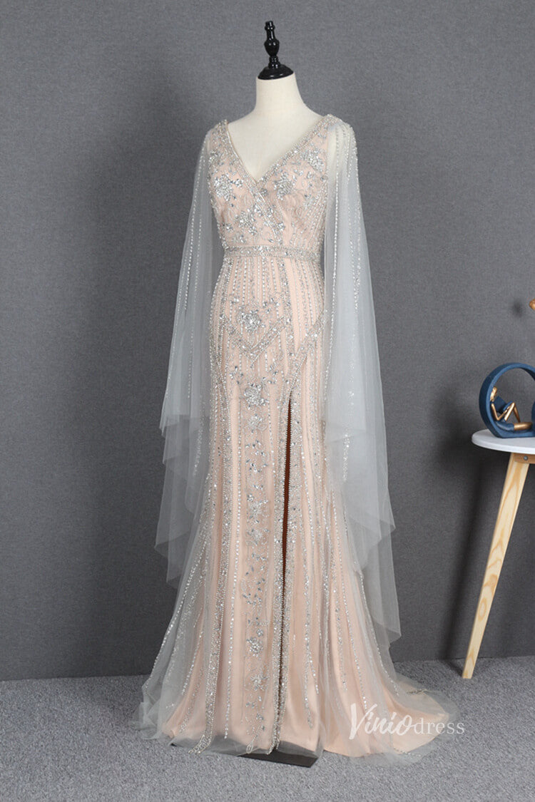 Prom Dress 2025 Beaded Gold Cape Sleeve Prom Dresses with Slit Sheath Evening Dress FD2780-unique prom dresses-Gold-US 2-Viniodress