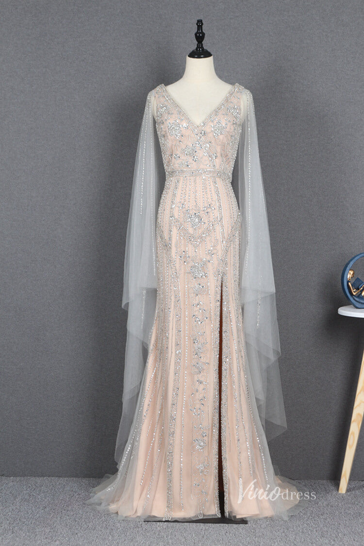 Prom Dress 2025 Beaded Gold Cape Sleeve Prom Dresses with Slit Sheath Evening Dress FD2780-unique prom dresses-Silver-US 2-Viniodress