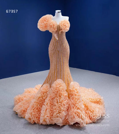 Beaded Gold Mermaid Pageant Dress One Shoulder Ruffled Prom Gown 67357 viniodress-Evening Dresses 2025 -Viniodress-Gold-Custom Size-