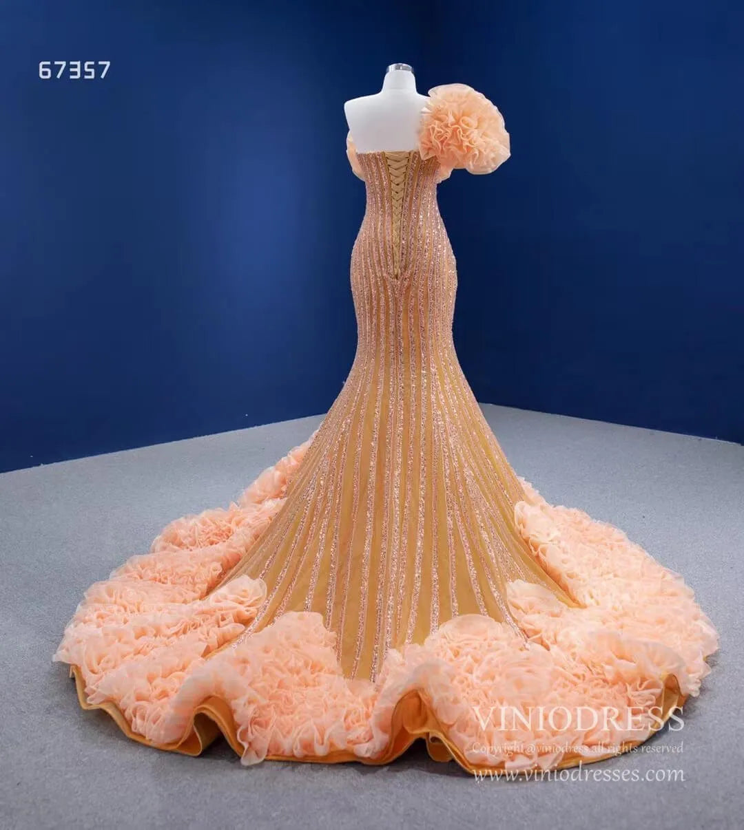 Beaded Gold Mermaid Pageant Dress One Shoulder Ruffled Prom Gown 67357 viniodress-Evening Dresses 2025 -Viniodress-Gold-Custom Size-