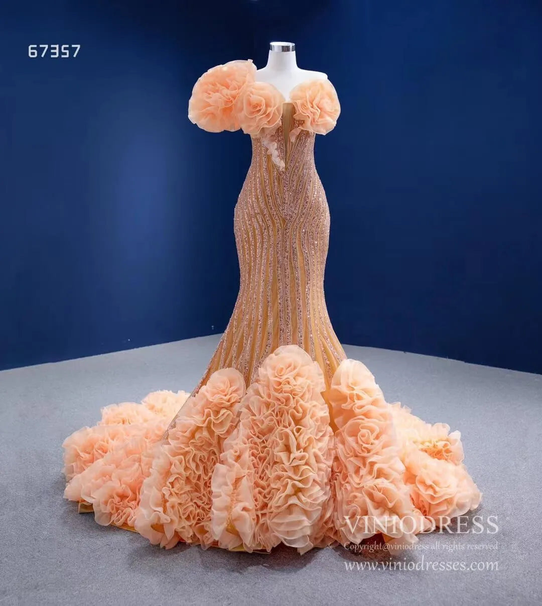 Beaded Gold Mermaid Pageant Dress One Shoulder Ruffled Prom Gown 67357 viniodress-Evening Dresses 2025 -Viniodress-Gold-Custom Size-