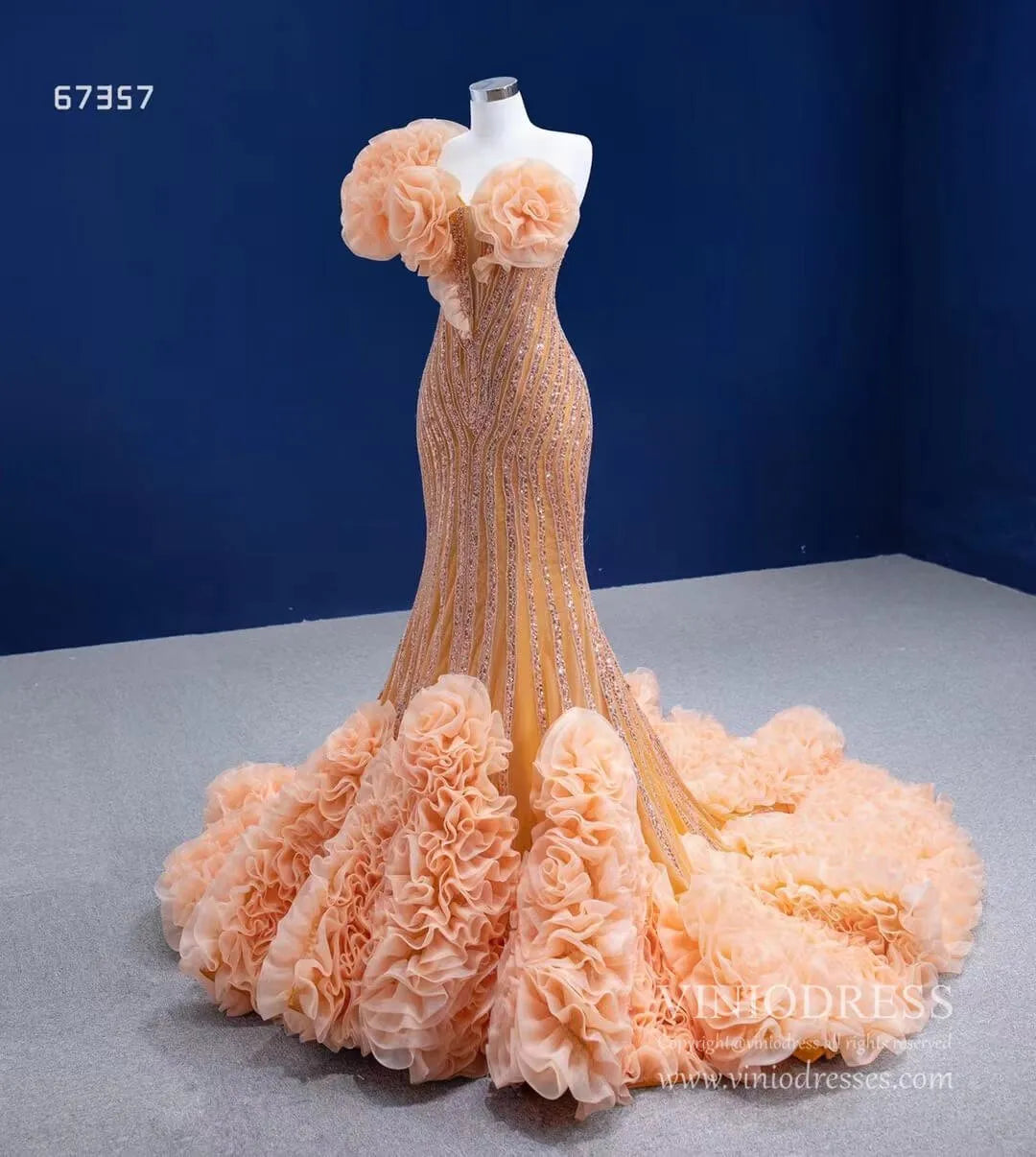Beaded Gold Mermaid Pageant Dress One Shoulder Ruffled Prom Gown 67357 viniodress-Evening Dresses 2025 -Viniodress-Gold-Custom Size-