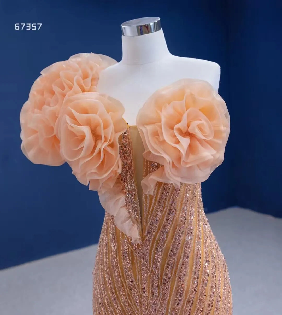 Beaded Gold Mermaid Pageant Dress One Shoulder Ruffled Prom Gown 67357 viniodress-Evening Dresses 2025 -Viniodress-Gold-Custom Size-