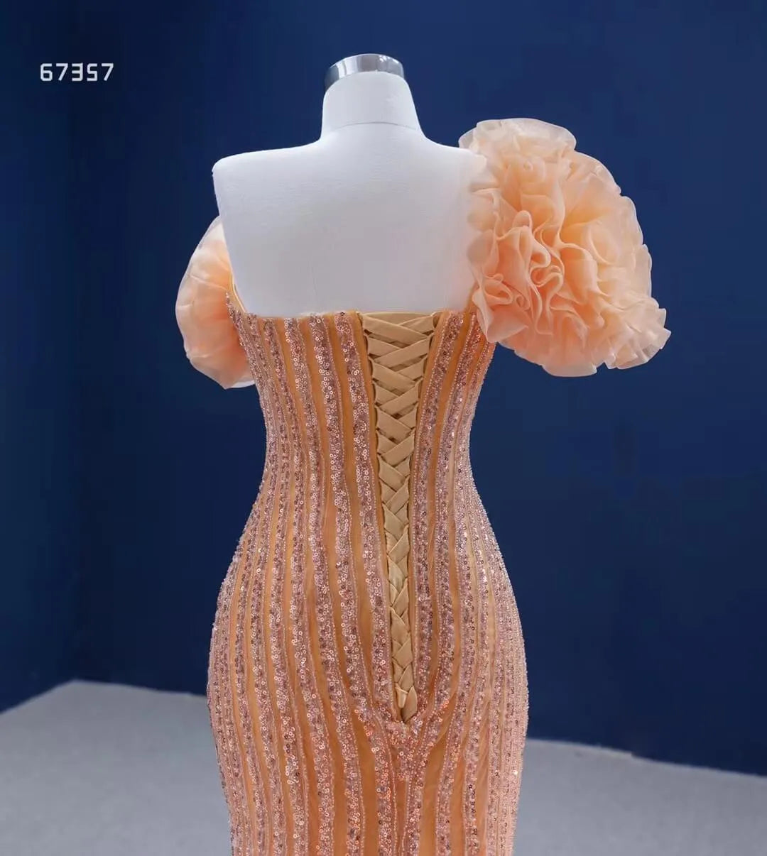 Beaded Gold Mermaid Pageant Dress One Shoulder Ruffled Prom Gown 67357 viniodress-Evening Dresses 2025 -Viniodress-Gold-Custom Size-