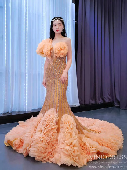 Beaded Gold Mermaid Pageant Dress One Shoulder Ruffled Prom Gown 67357 viniodress-Evening Dresses 2025 -Viniodress-Gold-Custom Size-