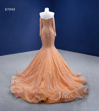 Beaded Gold Pageant Dress Mermaid Wedding Dress 67242 Viniodress-Evening Dresses 2025 -Viniodress-Gold-Custom Size-