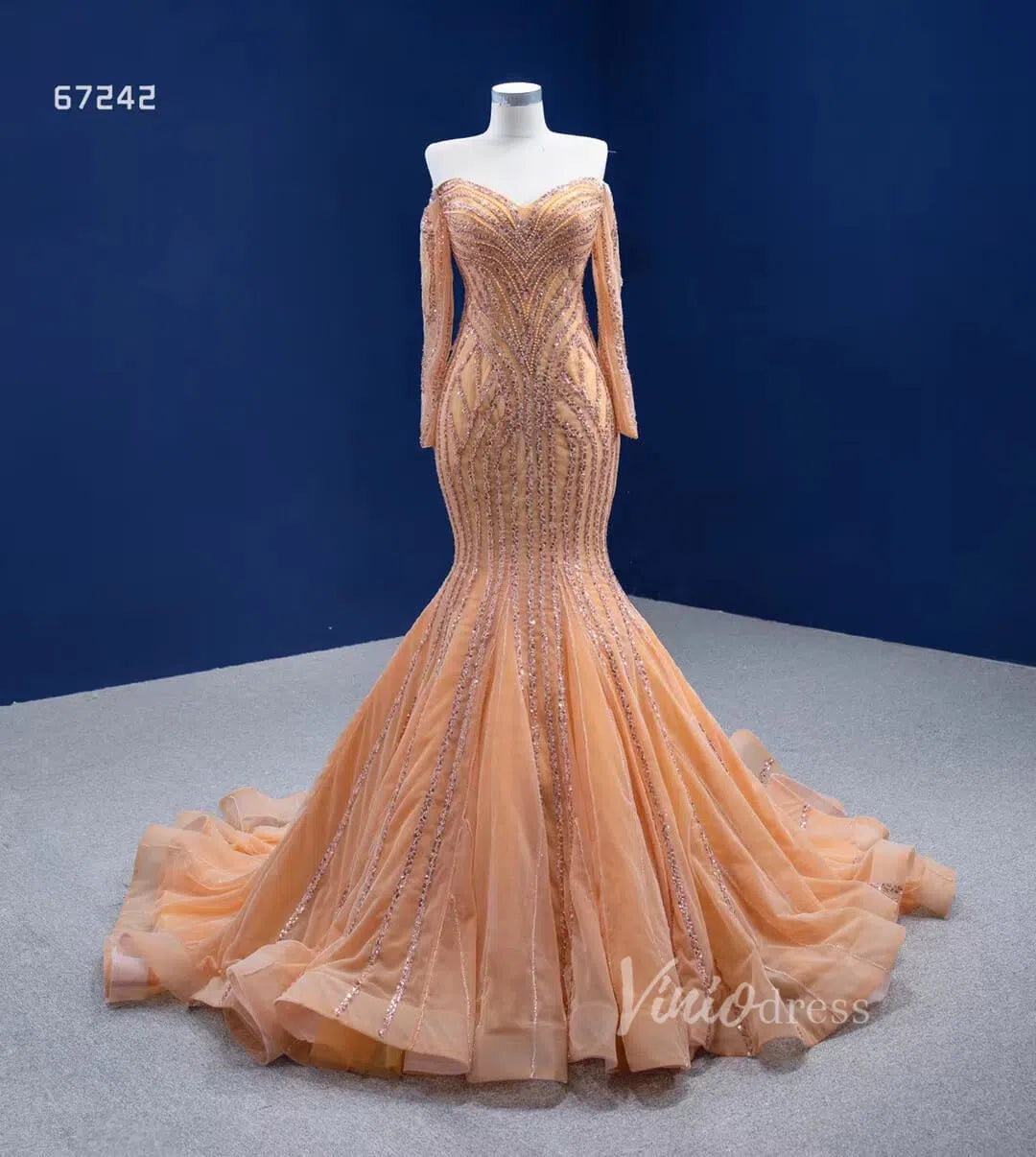 Beaded Gold Pageant Dress Mermaid Wedding Dress 67242 Viniodress-Evening Dresses 2025 -Viniodress-Gold-Custom Size-