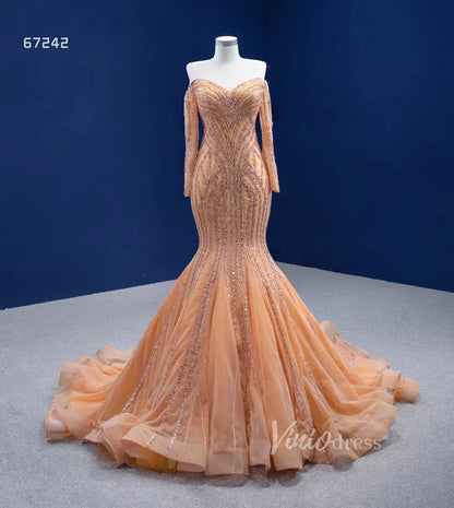 Beaded Gold Pageant Dress Mermaid Wedding Dress 67242 Viniodress-Evening Dresses 2025 -Viniodress-Gold-Custom Size-