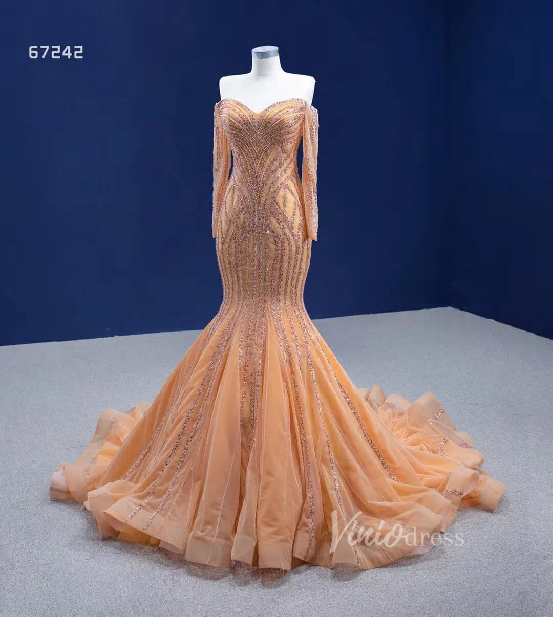 Beaded Gold Pageant Dress Mermaid Wedding Dress 67242 Viniodress-Evening Dresses 2025 -Viniodress-Gold-Custom Size-