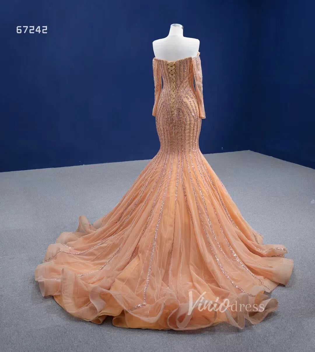 Beaded Gold Pageant Dress Mermaid Wedding Dress 67242 Viniodress-Evening Dresses 2025 -Viniodress-Gold-Custom Size-