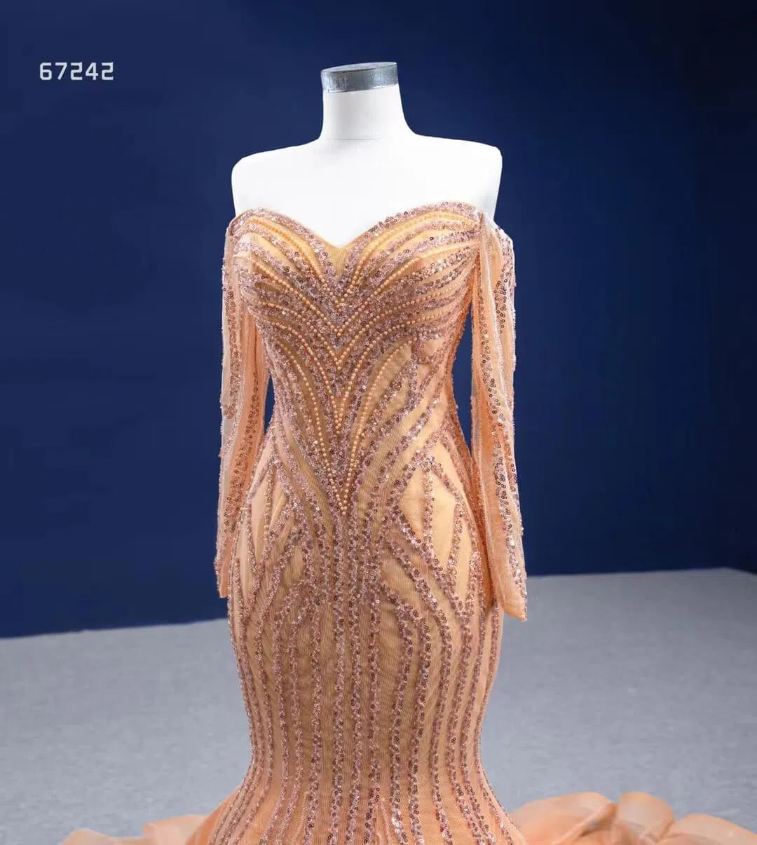 Beaded Gold Pageant Dress Mermaid Wedding Dress 67242 Viniodress-Evening Dresses 2025 -Viniodress-Gold-Custom Size-