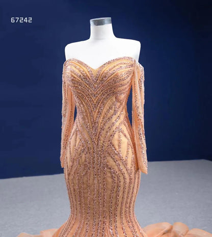 Beaded Gold Pageant Dress Mermaid Wedding Dress 67242 Viniodress-Evening Dresses 2025 -Viniodress-Gold-Custom Size-