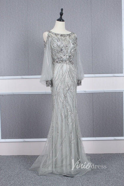 Beaded Gold Prom Dresses Cold Shoulder Puff Sleeve Evening Dress FD2773-Evening Dresses 2025 -Viniodress-Gold-US 2-