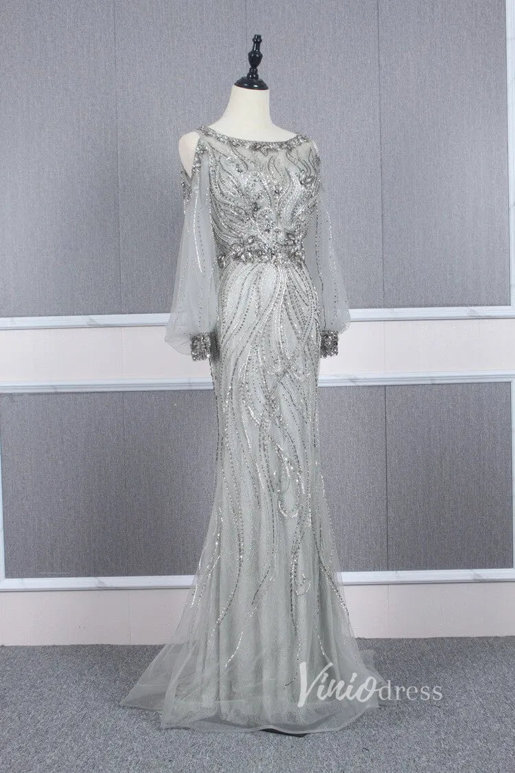 Beaded Gold Prom Dresses Cold Shoulder Puff Sleeve Evening Dress FD2773-Evening Dresses 2025 -Viniodress-Gold-US 2-