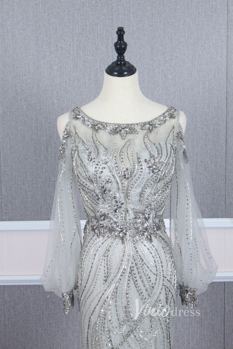 Beaded Gold Prom Dresses Cold Shoulder Puff Sleeve Evening Dress FD2773-Evening Dresses 2025 -Viniodress-Gold-US 2-