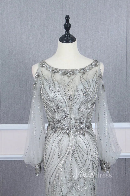 Beaded Gold Prom Dresses Cold Shoulder Puff Sleeve Evening Dress FD2773-Evening Dresses 2025 -Viniodress-Gold-US 2-