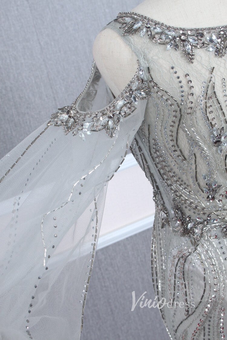 Beaded Gold Prom Dresses Cold Shoulder Puff Sleeve Evening Dress FD2773-Evening Dresses 2025 -Viniodress-Gold-US 2-