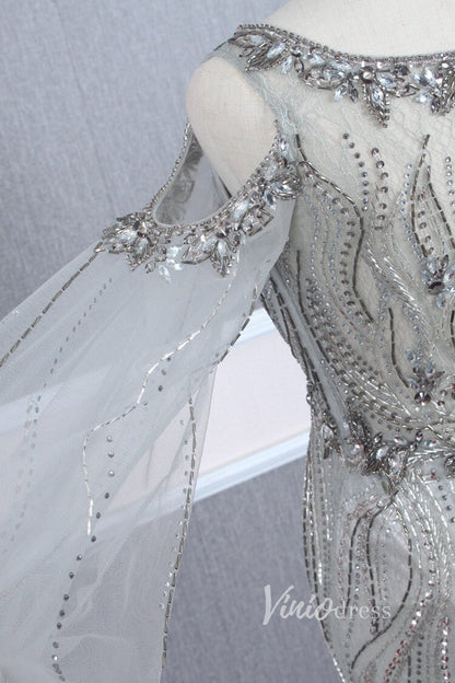 Beaded Gold Prom Dresses Cold Shoulder Puff Sleeve Evening Dress FD2773-Evening Dresses 2025 -Viniodress-Gold-US 2-