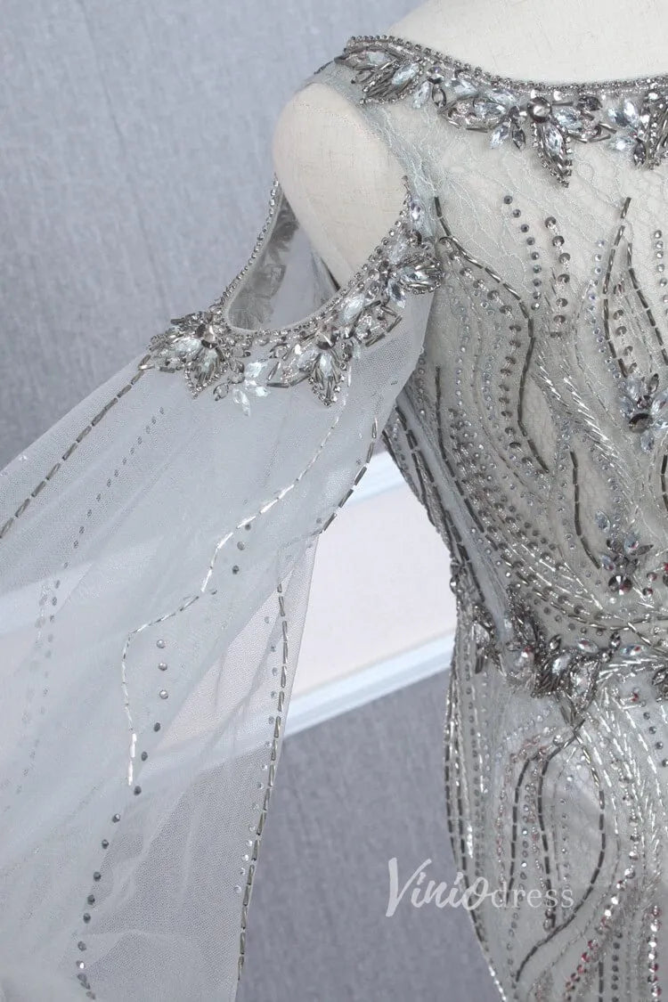 Beaded Gold Prom Dresses Cold Shoulder Puff Sleeve Evening Dress FD2773-Evening Dresses 2025 -Viniodress-Gold-US 2-