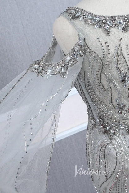 Beaded Gold Prom Dresses Cold Shoulder Puff Sleeve Evening Dress FD2773-Evening Dresses 2025 -Viniodress-Gold-US 2-