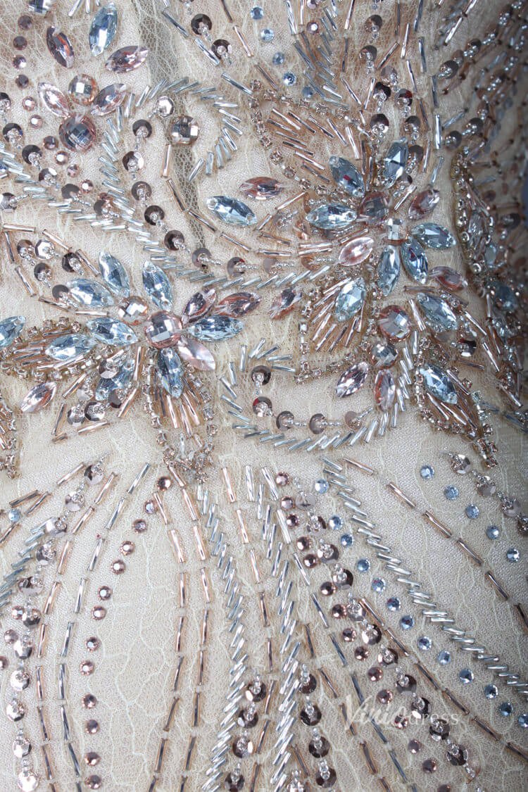 Beaded Gold Prom Dresses Cold Shoulder Puff Sleeve Evening Dress FD2773-Evening Dresses 2025 -Viniodress-Gold-US 2-