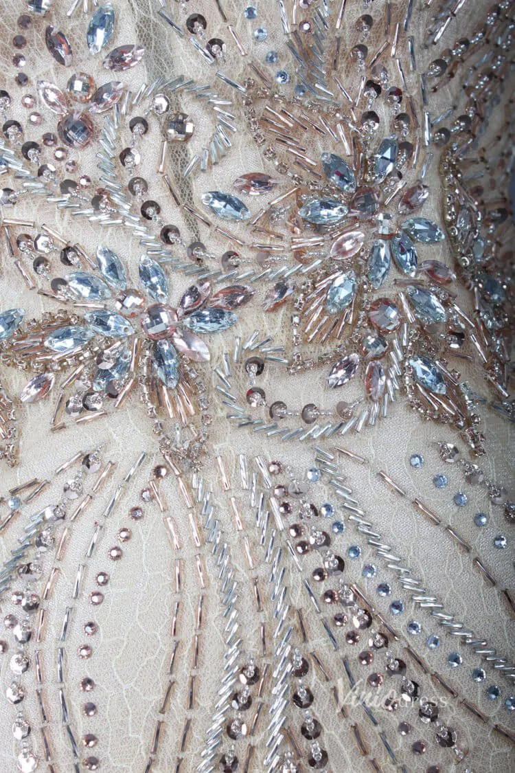 Beaded Gold Prom Dresses Cold Shoulder Puff Sleeve Evening Dress FD2773-Evening Dresses 2025 -Viniodress-Gold-US 2-