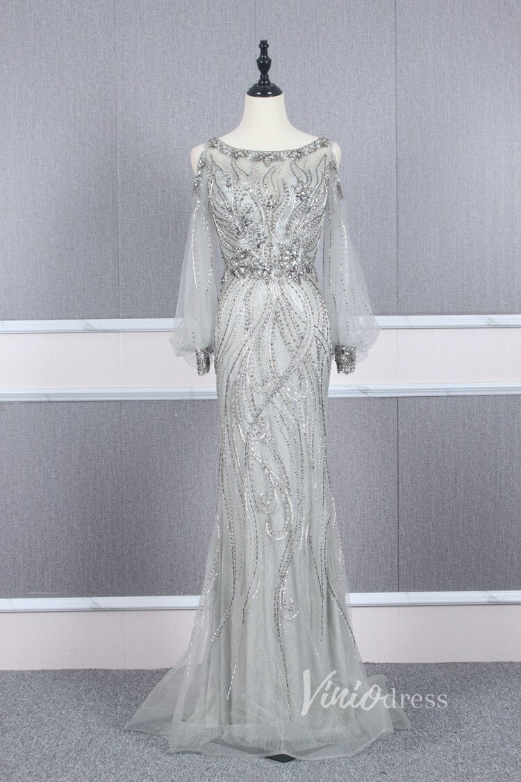 Beaded Gold Prom Dresses Cold Shoulder Puff Sleeve Evening Dress FD2773-Evening Dresses 2025 -Viniodress-Grey-US 2-