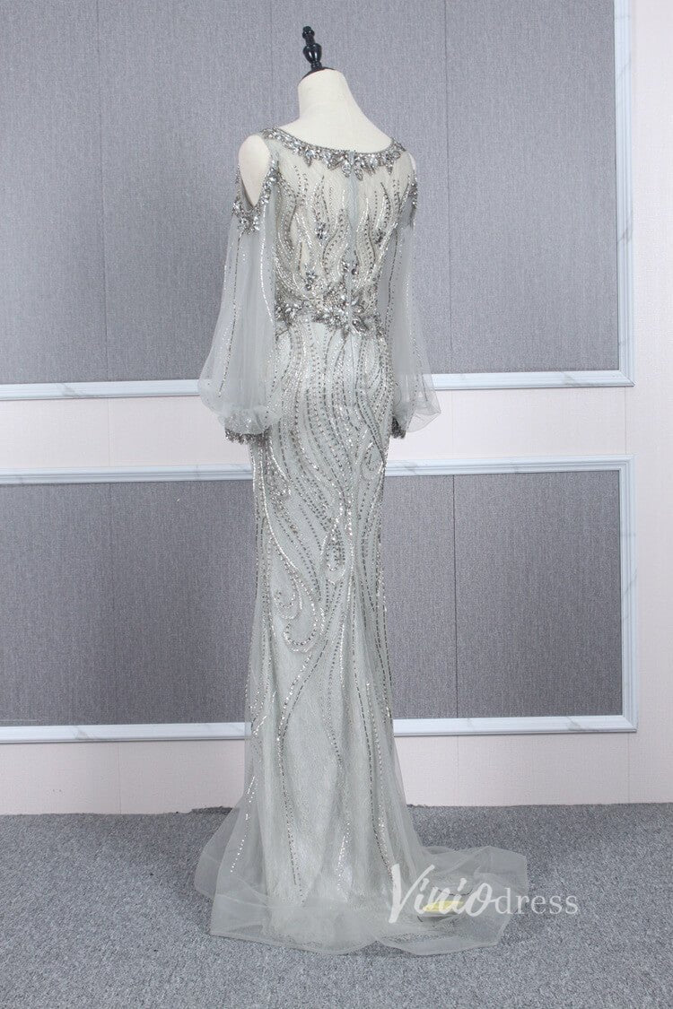 Beaded Gold Prom Dresses Cold Shoulder Puff Sleeve Evening Dress FD2773-Evening Dresses 2025 -Viniodress-Gold-US 2-