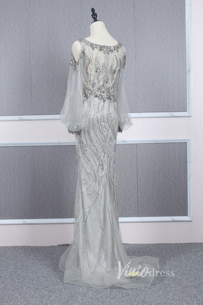 Beaded Gold Prom Dresses Cold Shoulder Puff Sleeve Evening Dress FD2773-Evening Dresses 2025 -Viniodress-Gold-US 2-