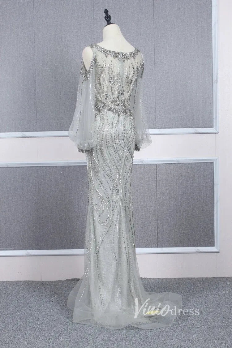 Beaded Gold Prom Dresses Cold Shoulder Puff Sleeve Evening Dress FD2773-Evening Dresses 2025 -Viniodress-Gold-US 2-