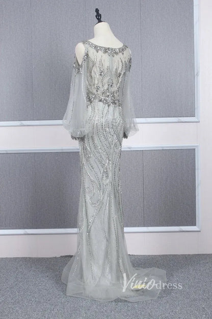 Beaded Gold Prom Dresses Cold Shoulder Puff Sleeve Evening Dress FD2773-Evening Dresses 2025 -Viniodress-Gold-US 2-