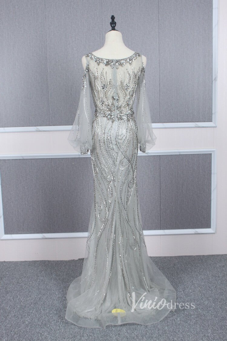 Beaded Gold Prom Dresses Cold Shoulder Puff Sleeve Evening Dress FD2773-Evening Dresses 2025 -Viniodress-Gold-US 2-