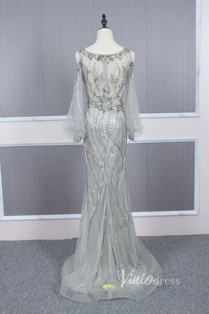 Beaded Gold Prom Dresses Cold Shoulder Puff Sleeve Evening Dress FD2773-Evening Dresses 2025 -Viniodress-Gold-US 2-