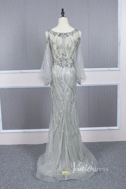 Beaded Gold Prom Dresses Cold Shoulder Puff Sleeve Evening Dress FD2773-Evening Dresses 2025 -Viniodress-Gold-US 2-